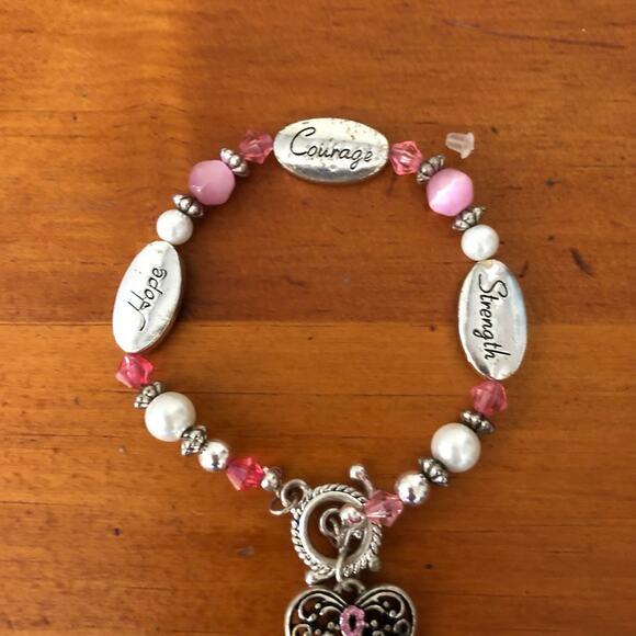 Pink Ribbon Hope Strength Courage Charms Sterling Silver Plated Bracelet - Picture 3 of 6
